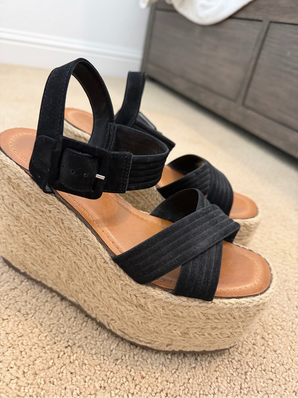 SCHUTZ Black Suede Platform Espadrille Sandals